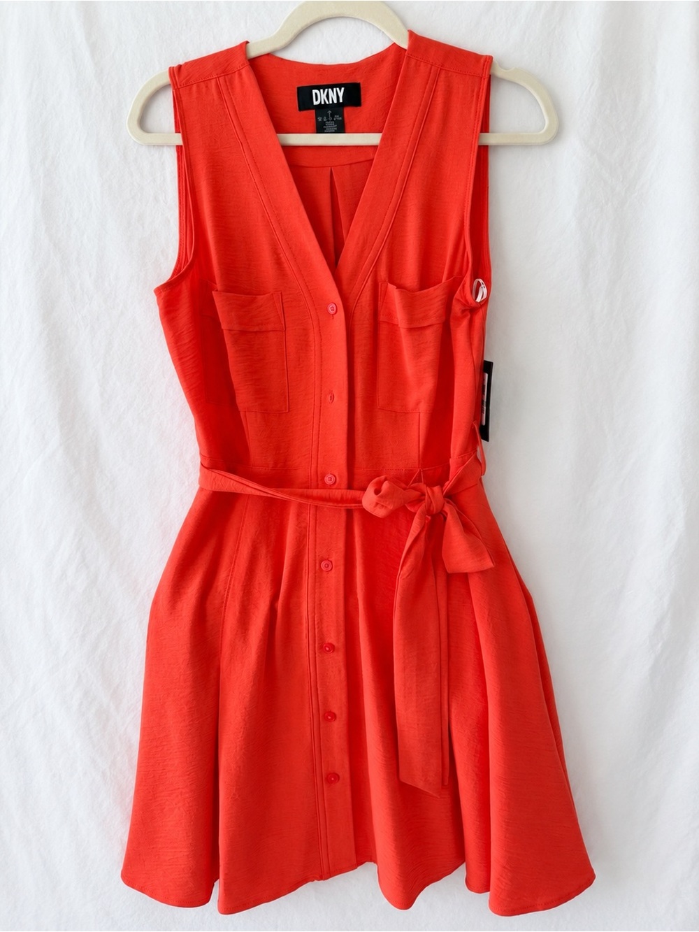 DKNY Sleeveless V-Neck Belted Mini Dress in Bright Red/orange